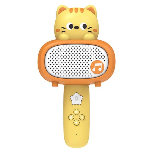 Yellow karaoke microphone with cute cat design for kids, perfect for singing fun