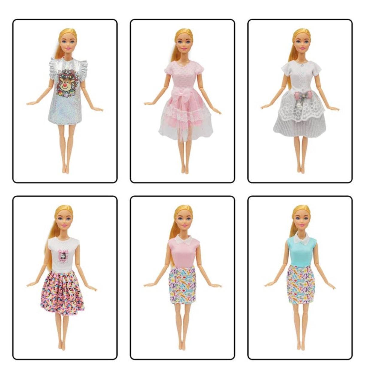 Kiara fashion doll for kids showcasing six different outfits with colorful dresses and accessories