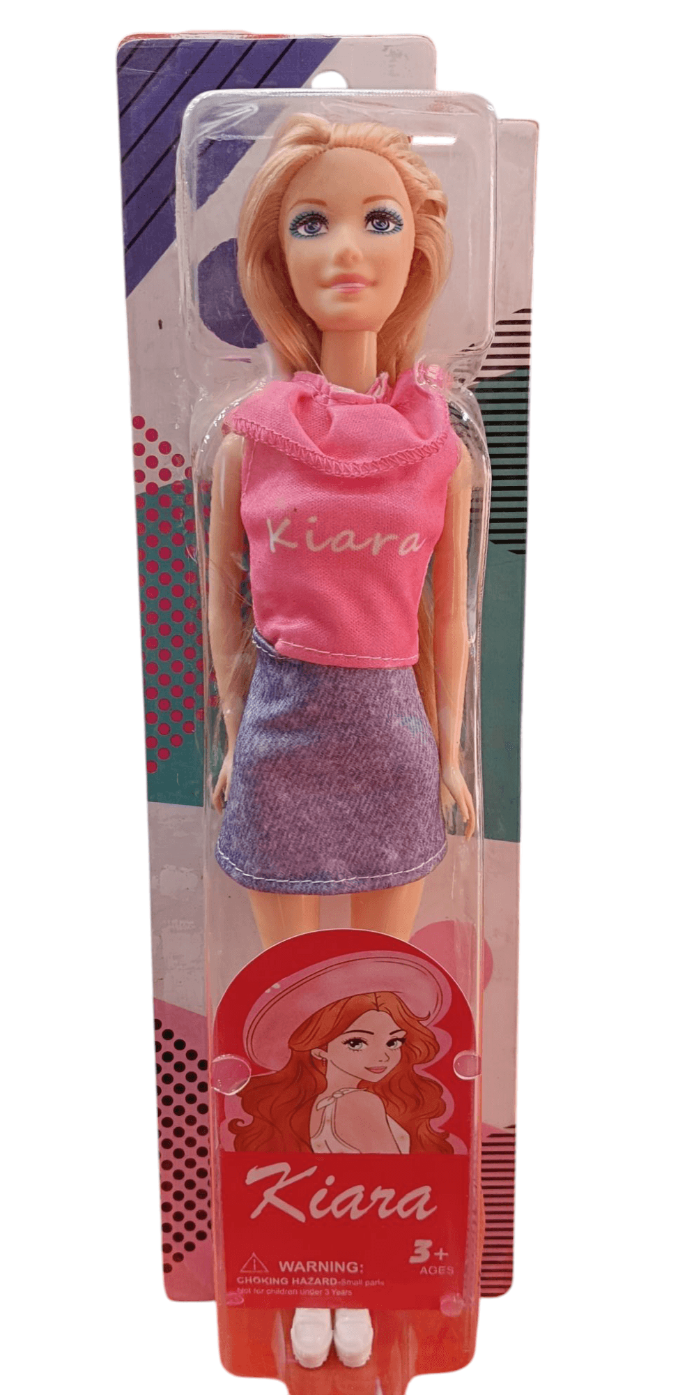 Kiara fashion doll for kids with blonde hair wearing pink top and purple skirt in packaging