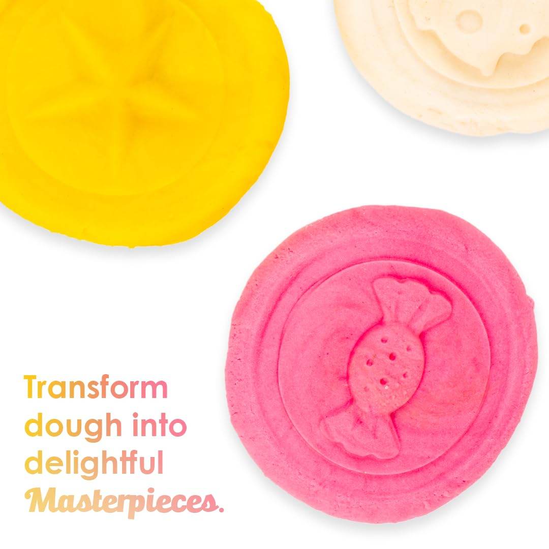 Colorful yellow white and pink dough shaped with candy imprint from 3 in 1 dough kit for kids