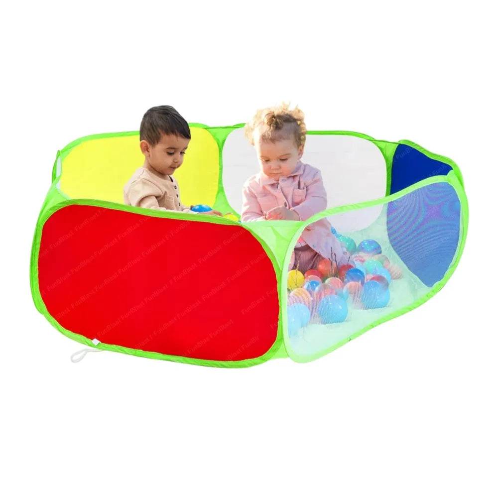 Kids ball pool with balls in vibrant colors with two toddlers playing inside from T-Rex the toyland Sitamarhi