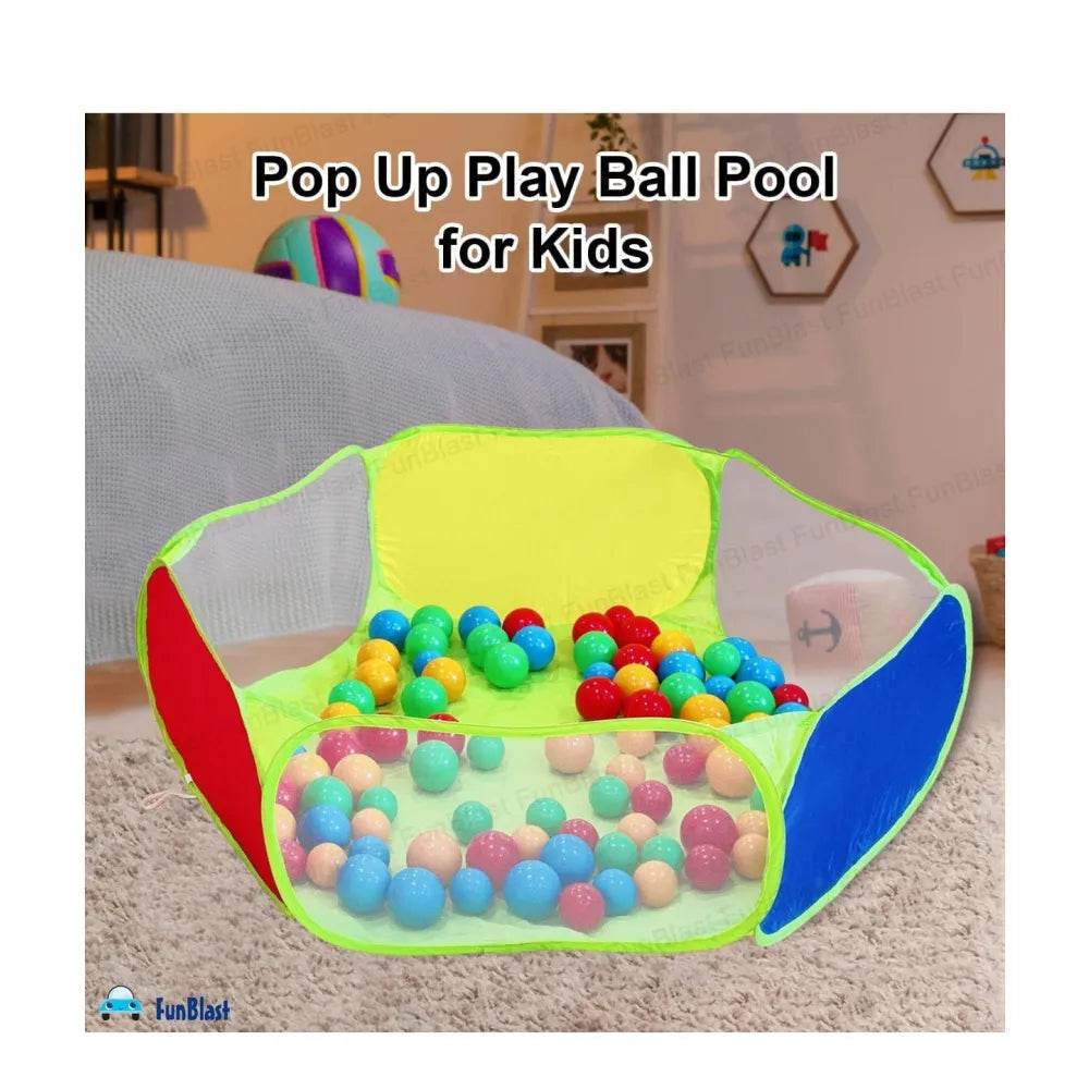 Brightly colored kids ball pool with balls featuring red, blue, and yellow panels in a cozy indoor setting