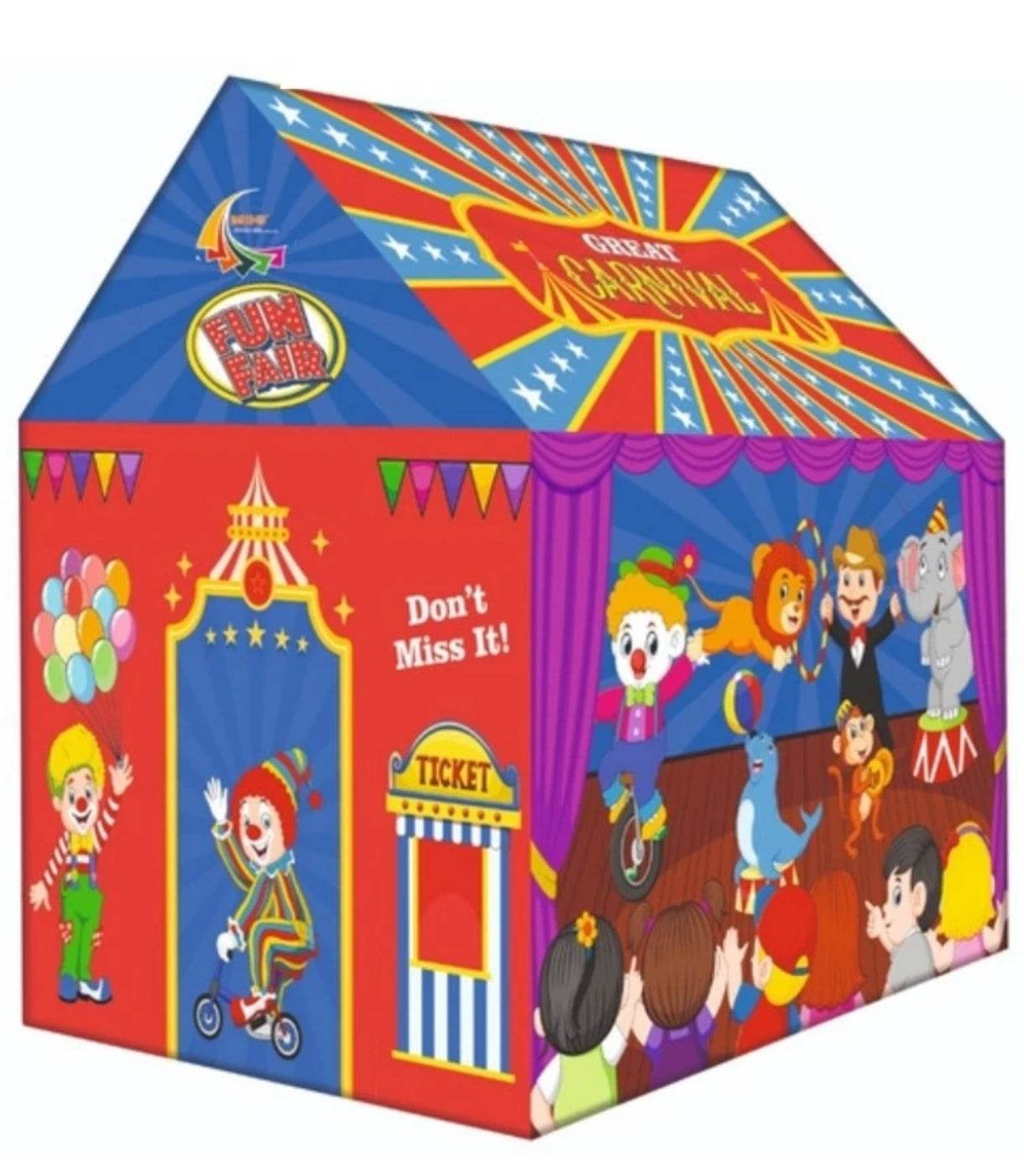 Colorful kids carnival tent house with circus-themed illustrations and fun fair decorations