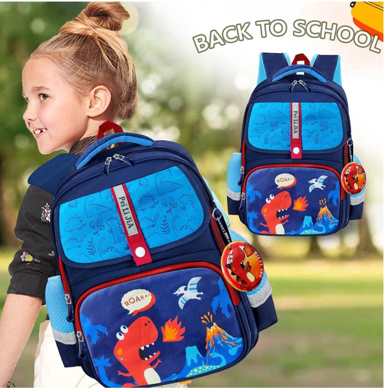 Kids cartoon backpack for boys with dinosaur design and bright blue red colors for school