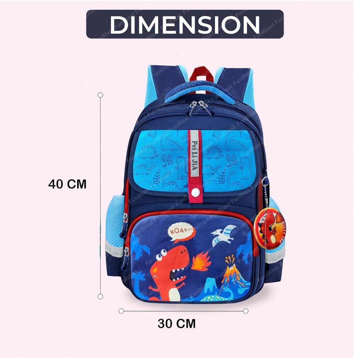 Kids cartoon backpack for boys featuring a blue dinosaur design with multiple compartments and adjustable straps