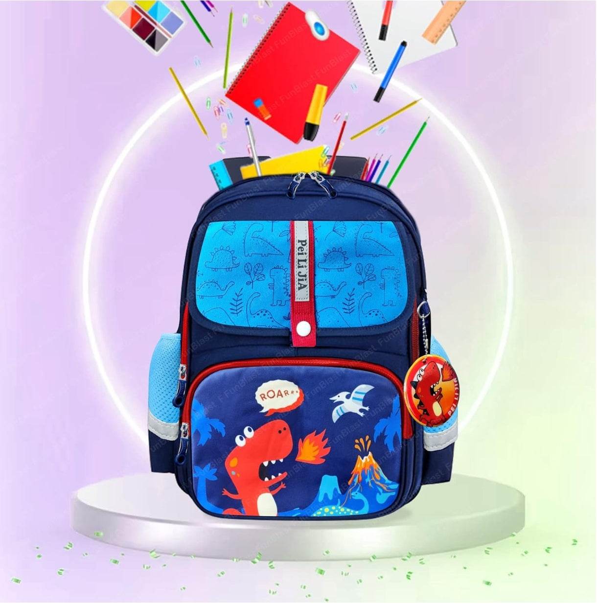 Colorful kids cartoon backpack for boys with dinosaur and volcano design and multiple compartments
