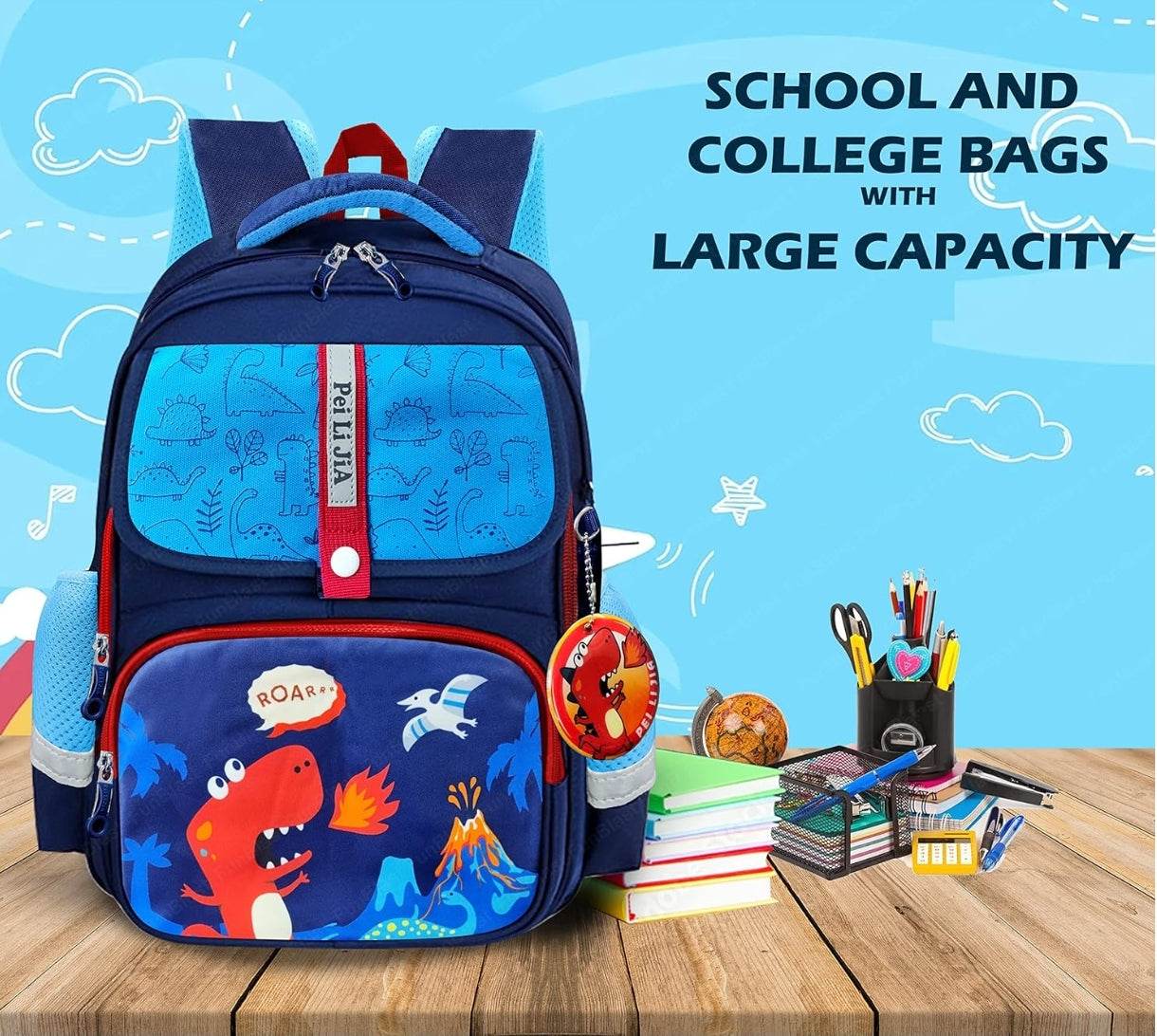 Kids cartoon backpack for boys with dinosaur design and large capacity by T-Rex the toyland Sitamarhi