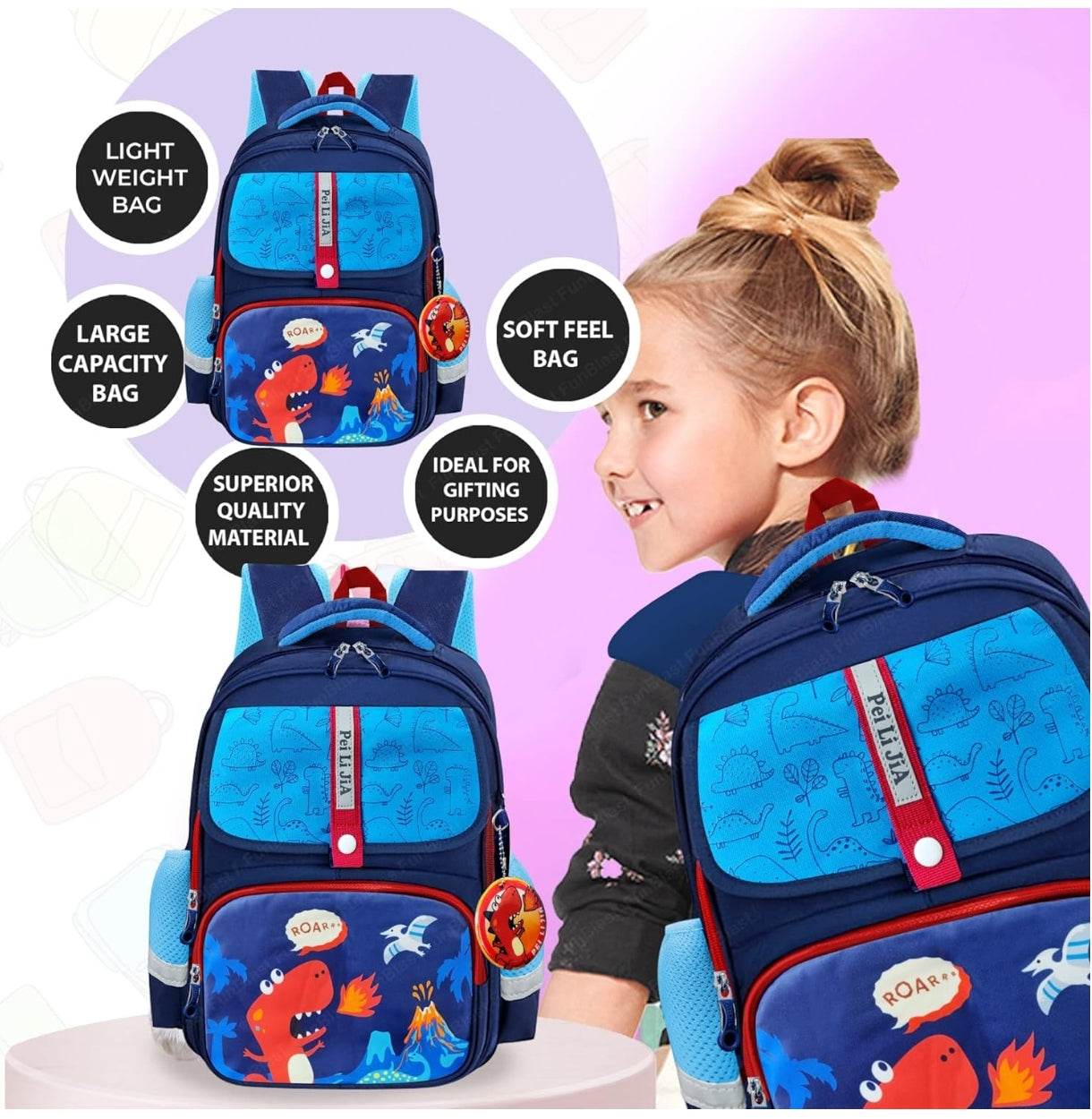 Kids cartoon backpack for boys with dinosaur design lightweight large capacity soft feel