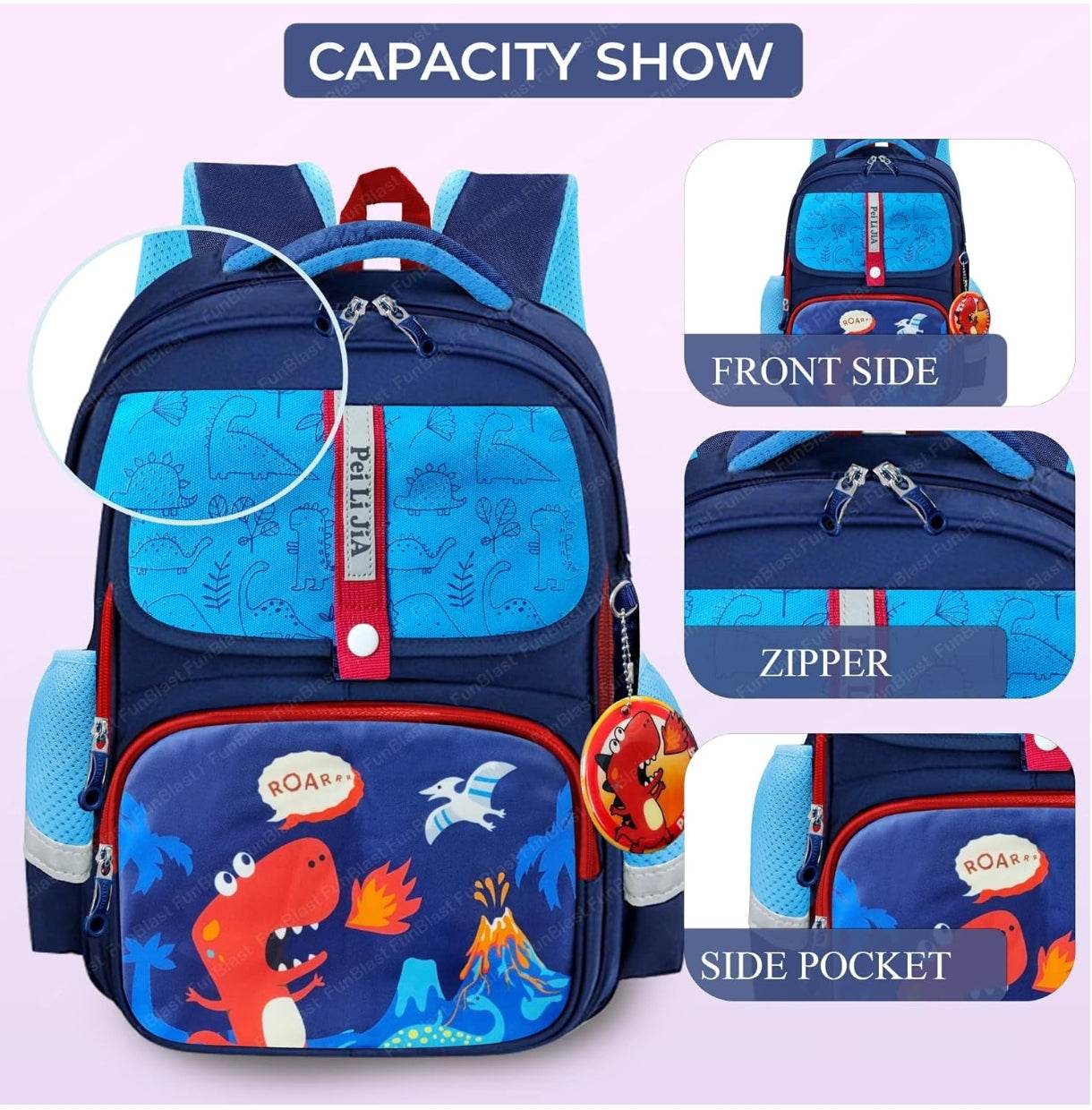 Blue kids cartoon backpack for boys with dinosaur design and multiple compartments by T-Rex the toyland Sitamarhi