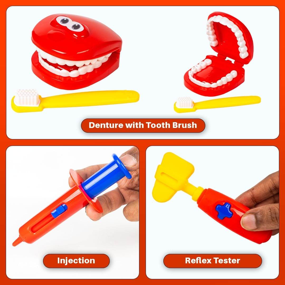 Kids dental medical kit with toy denture and toothbrush injection and reflex tester tools