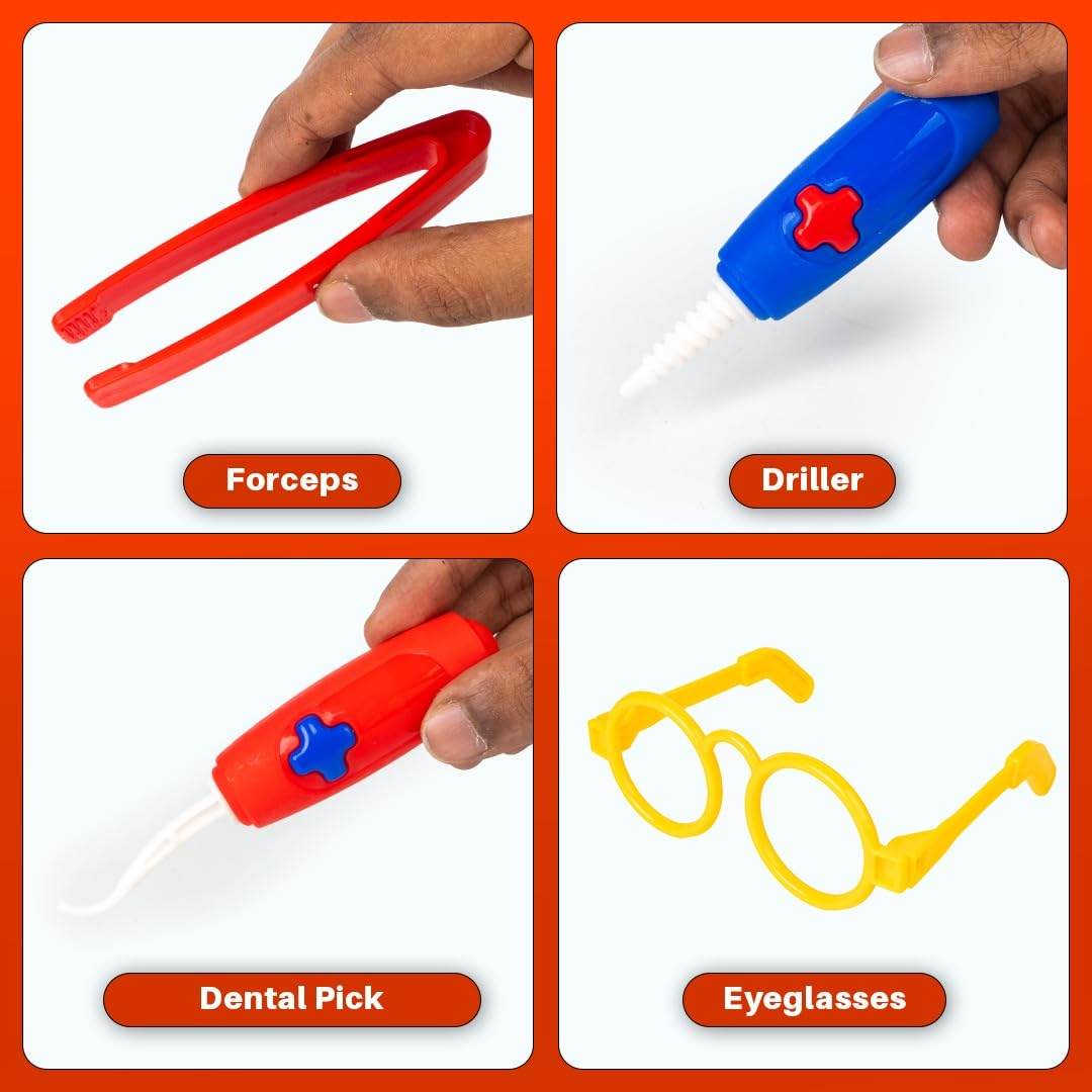 Kids dental medical kit with colorful toy forceps driller dental pick and yellow eyeglasses for children