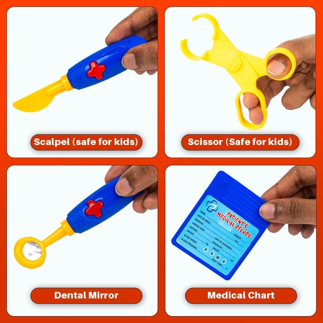 Kids dental medical kit with safe scalpel scissors dental mirror and medical chart toy set