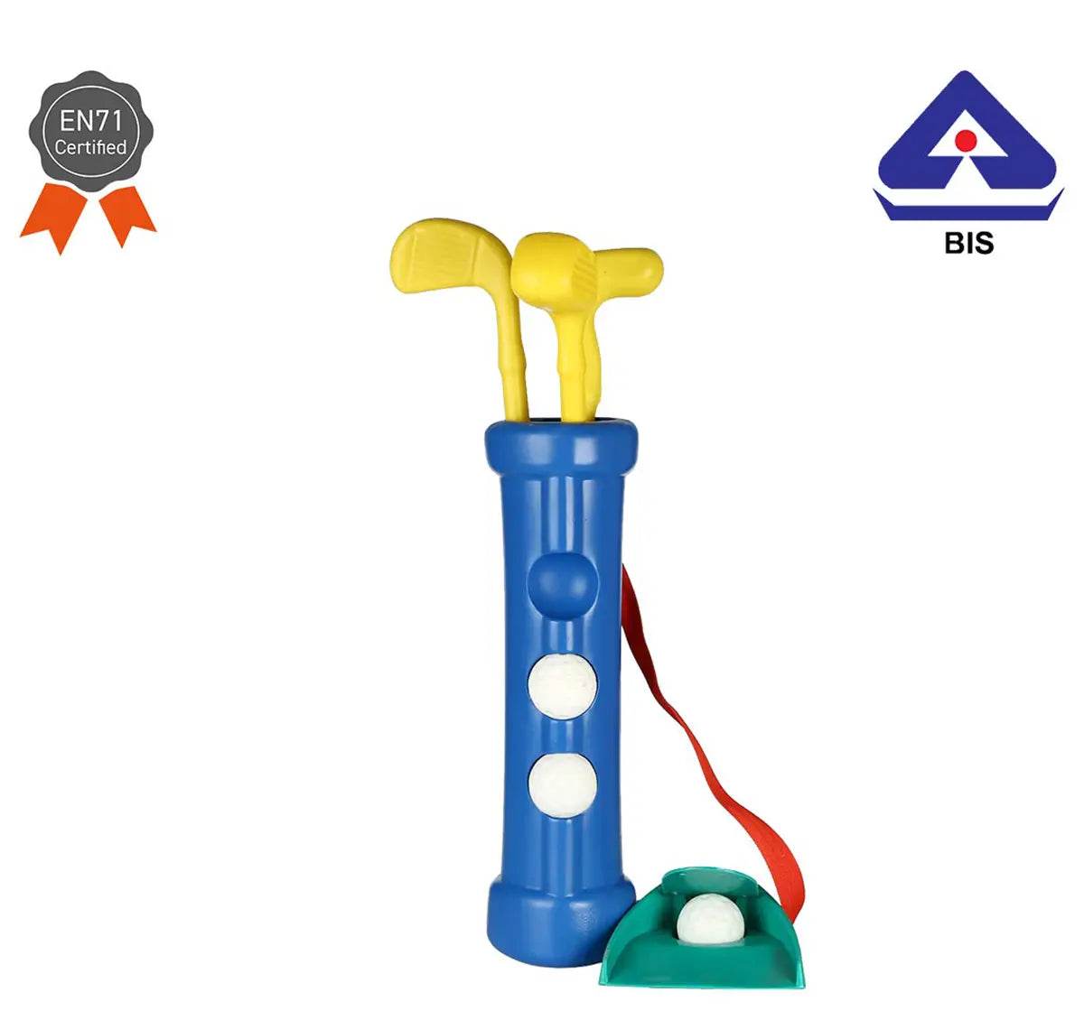 IToys kids golf set for beginners with blue bag, yellow clubs, and green golf ball holder