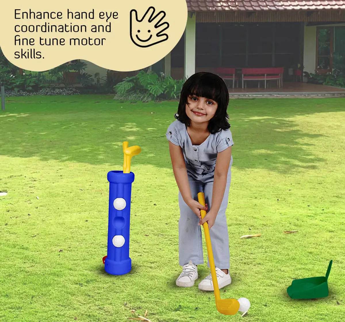 IToys kids golf set for beginners with a child playing golf on grass improving hand eye coordination