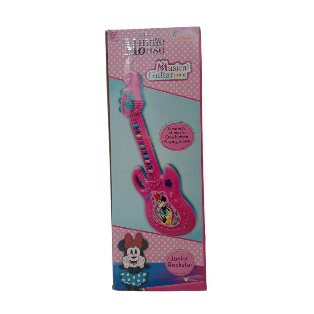 Pink kids musical guitar toy with Minnie Mouse design and one button playing mode in packaging