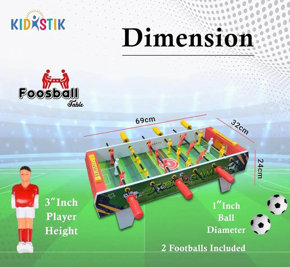 Kidastik junior football board game with mini foosball table, red and yellow players, and two small soccer balls