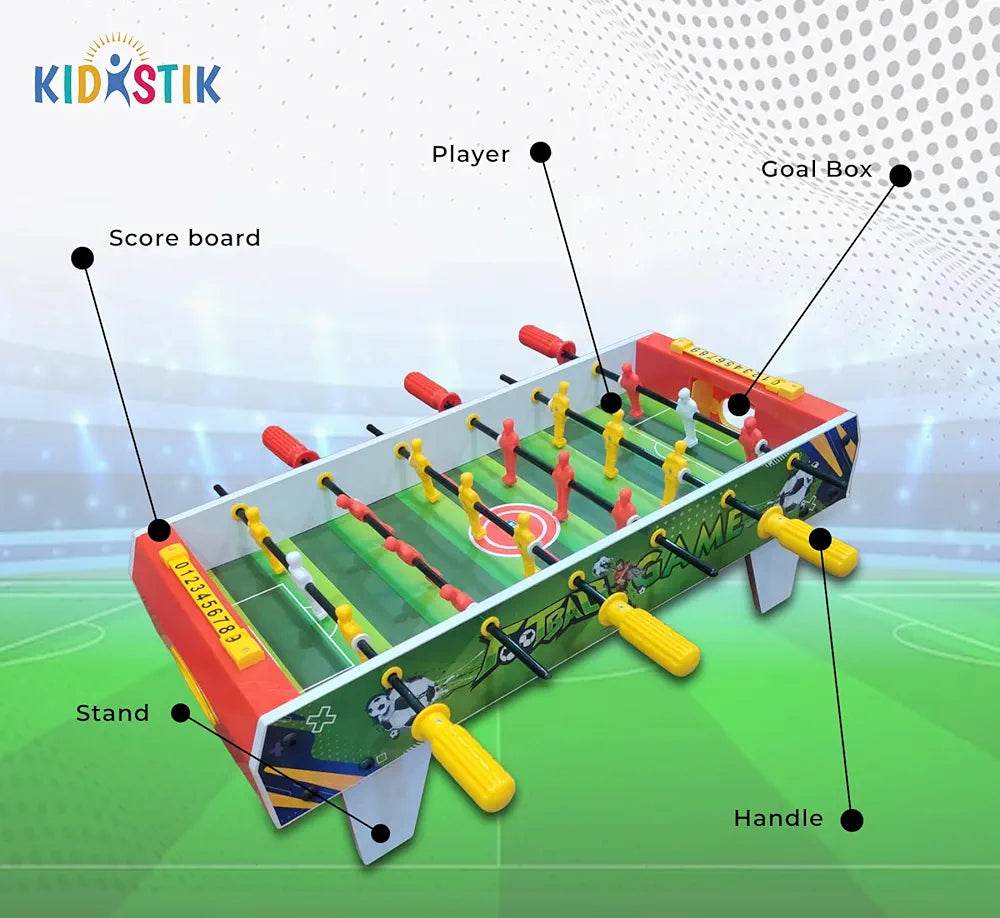 Kidstik junior football board game with players, goal box, handles, scoreboard, and stand