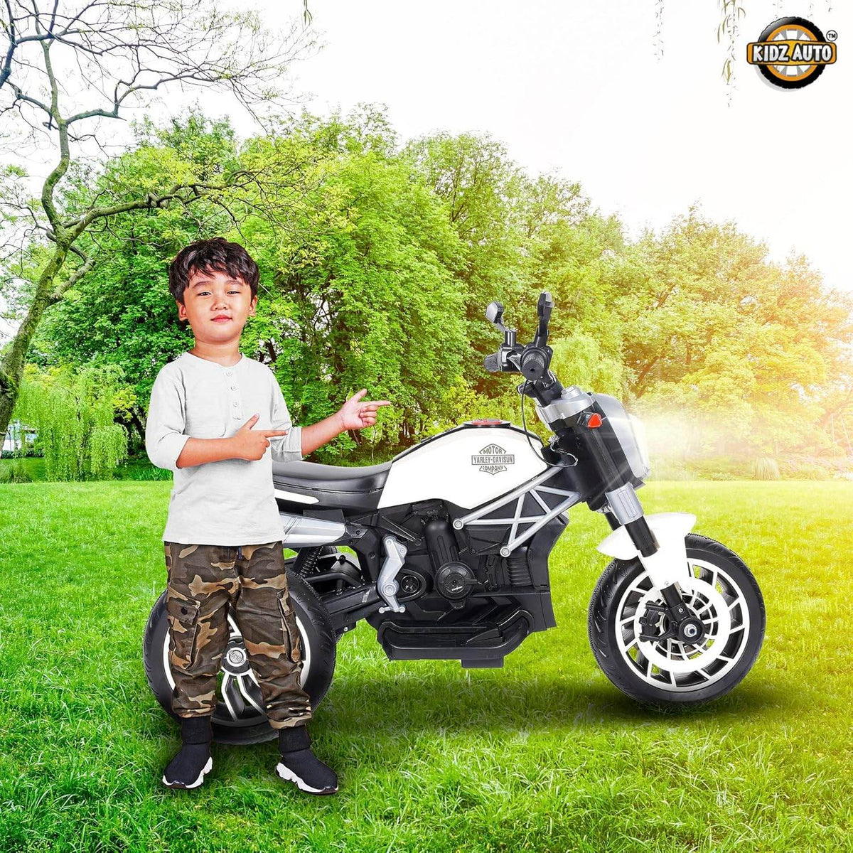 White ride-on bike for kids, suitable for age 3-7 years, designed for outdoor fun