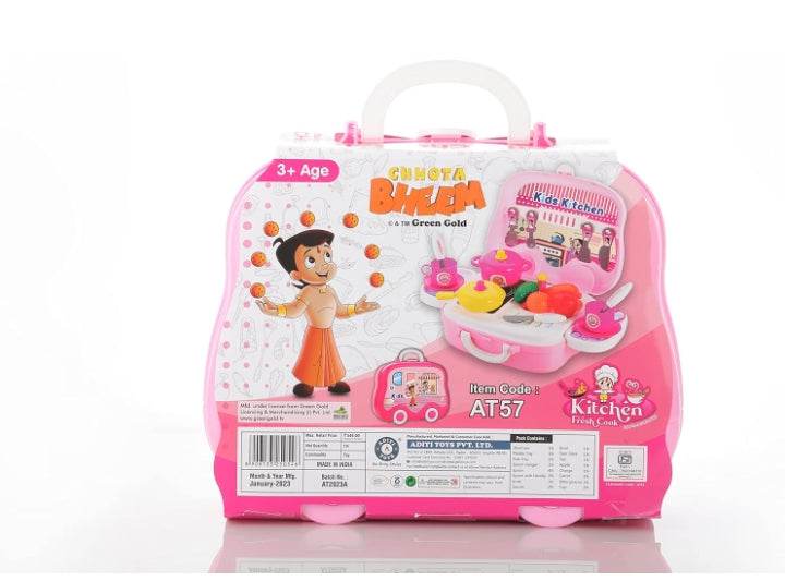 Modular kitchen toy set for kids in pink carrying case featuring play kitchen tools and accessories