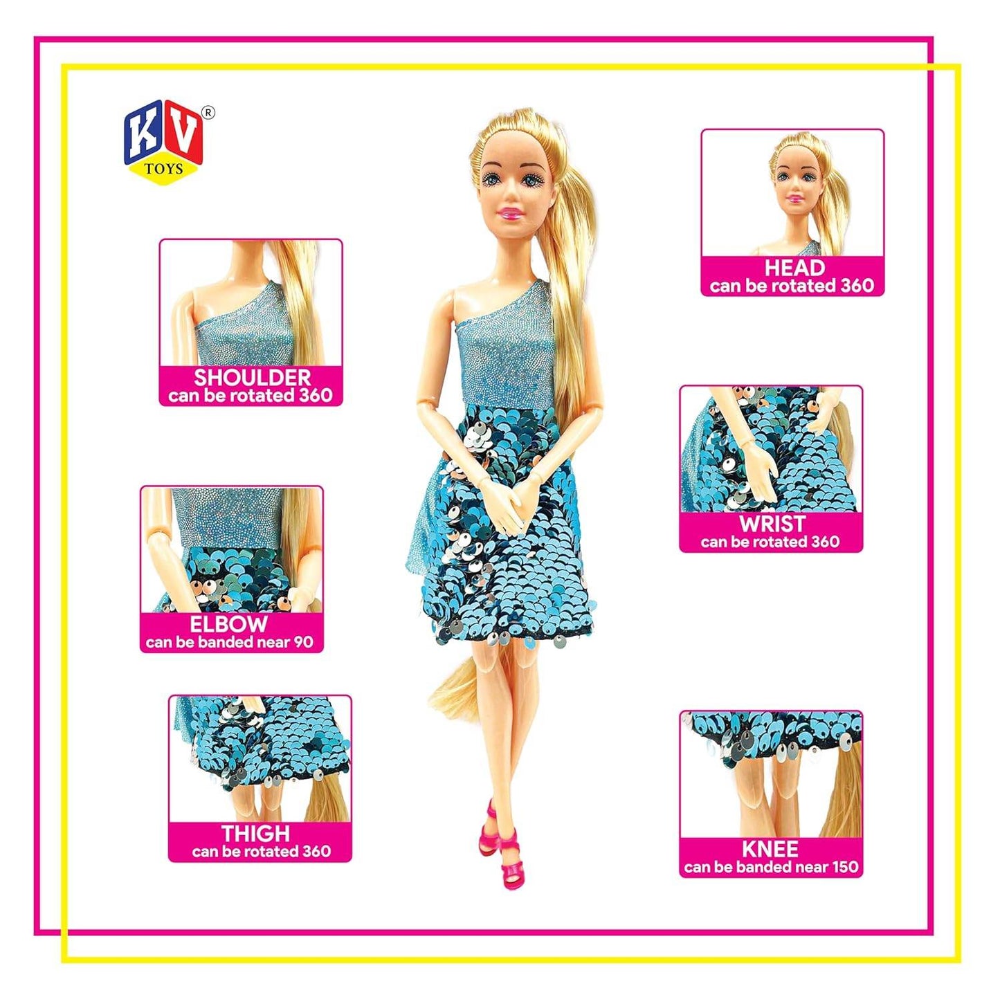 Alia Nail Studio doll set with blue sequin dress and multiple movable joints for flexible posing