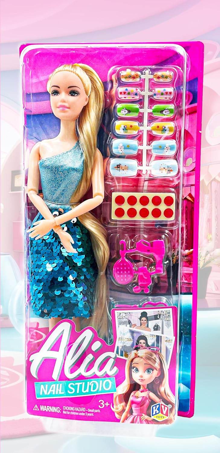 Alia Nail Studio doll set featuring blonde doll in blue dress with colorful nail stickers and nail accessories