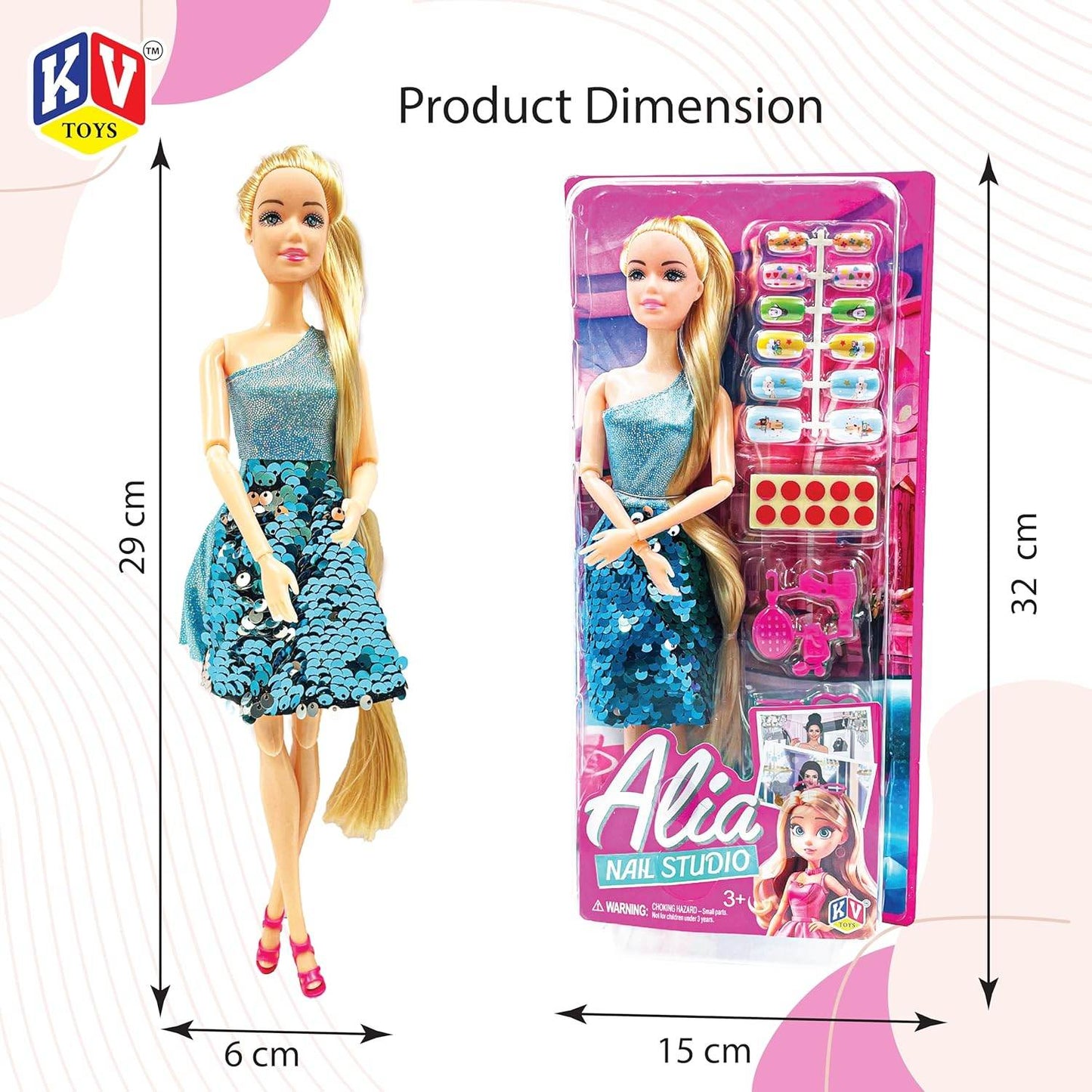Alia Nail Studio doll set with fashion doll wearing blue sequined dress and nail accessories in pink packaging