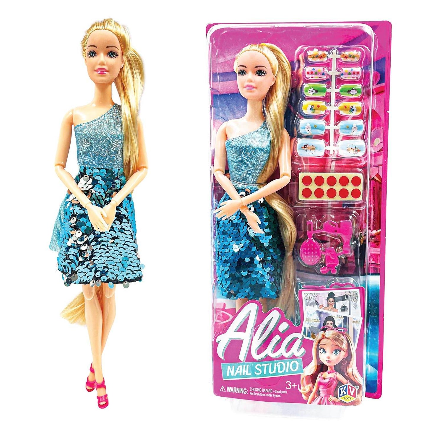 Alia Nail Studio doll set featuring a blonde doll in a blue sequin dress with nail accessories