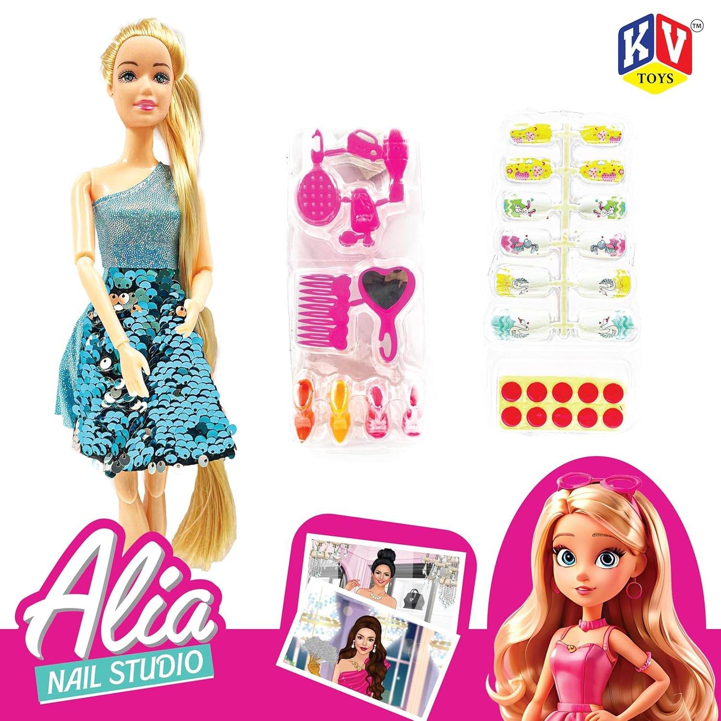 Alia Nail Studio doll set with blonde doll, nail accessories, and colorful nail stickers
