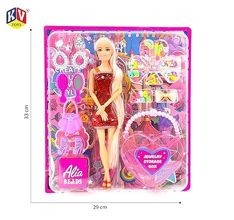 Alia doll with beads accessory set featuring a fashion doll in a red dress and various colorful bead accessories