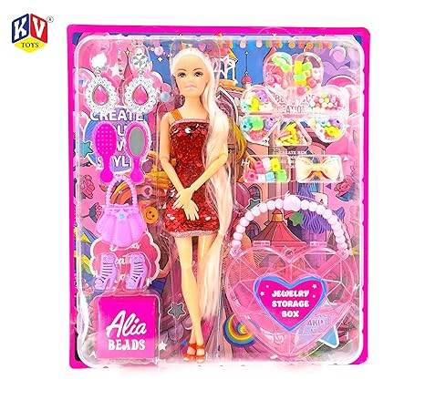 Alia doll with beads accessory set featuring a fashion doll in a red dress and colorful bead jewelry storage