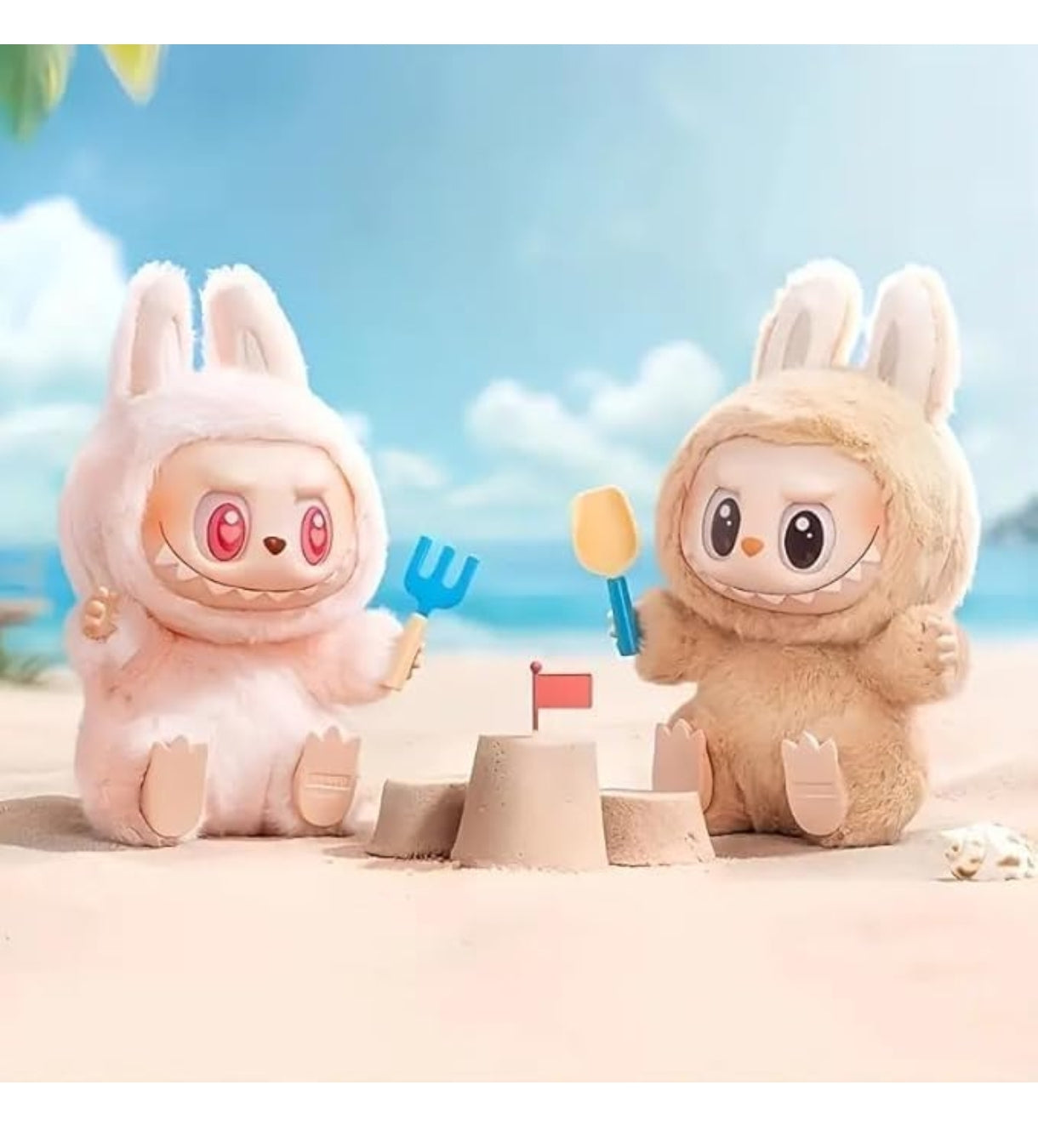 Labubu doll collectible figure plush toys playing with sandcastle and beach toys under blue sky