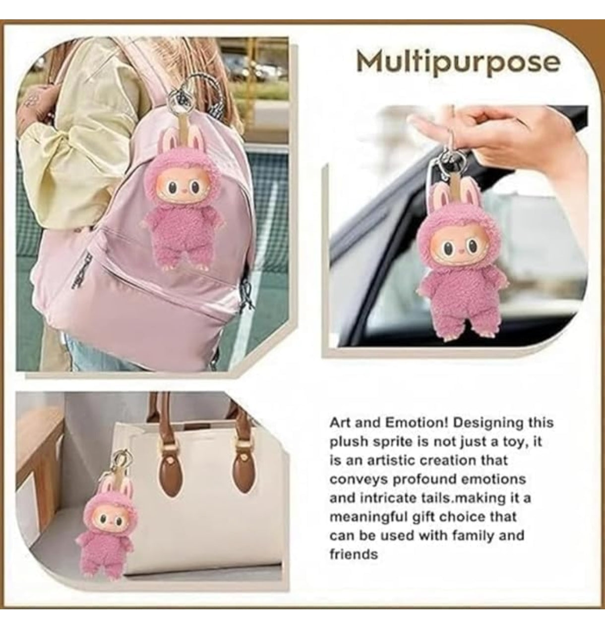 Labubu doll collectible figure plush keychain in pink attached to a backpack, handbag, and held by hand