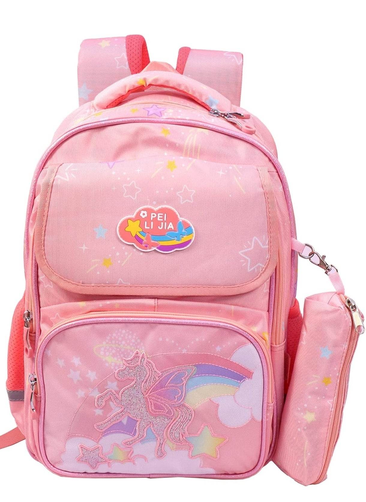 Pink large capacity unicorn bag for school with rainbow and star design and multiple compartments