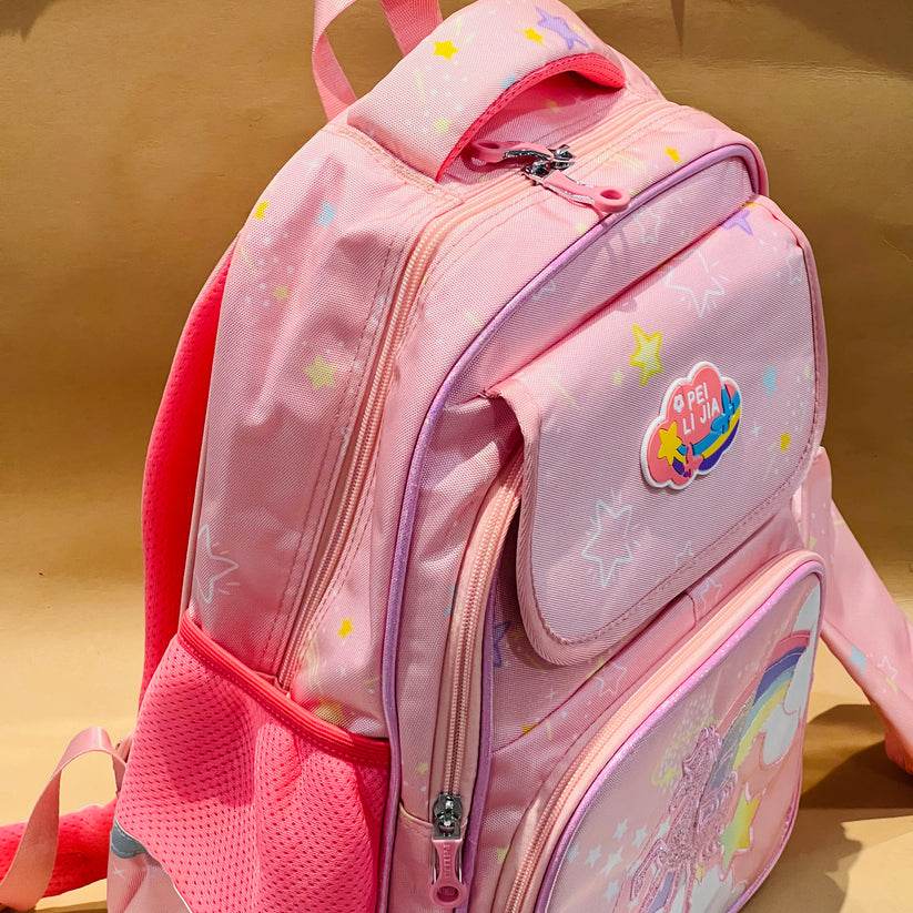Pink large capacity unicorn bag for school with multiple zippered compartments and star patterns