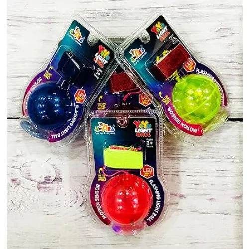 LED yo yo ball for kids in blue red and green colors with flashing light feature in packaging
