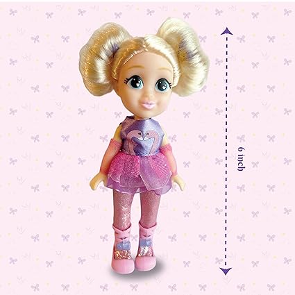 Preschool ballerina doll for girls with blonde hair in silver and pink tutu outfit standing 6 inches tall