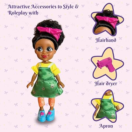 Preschool hairstylist doll with flairband hair accessory, pink hair dryer, and green apron from T-Rex the toyland Sitamarhi