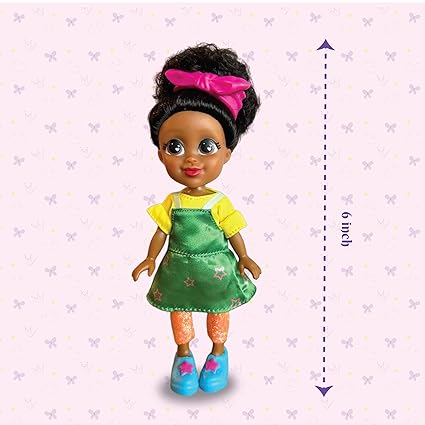 Preschool hairstylist doll with curly hair, pink bow, green dress, yellow shirt, and blue shoes measuring 6 inches