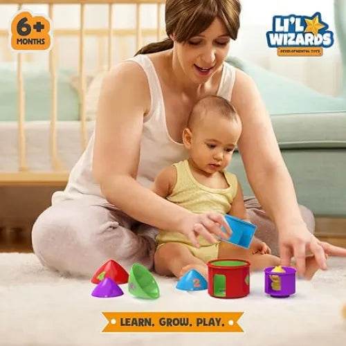 Mom and baby playing with interactive bird house toy for toddlers with colorful shapes and educational features