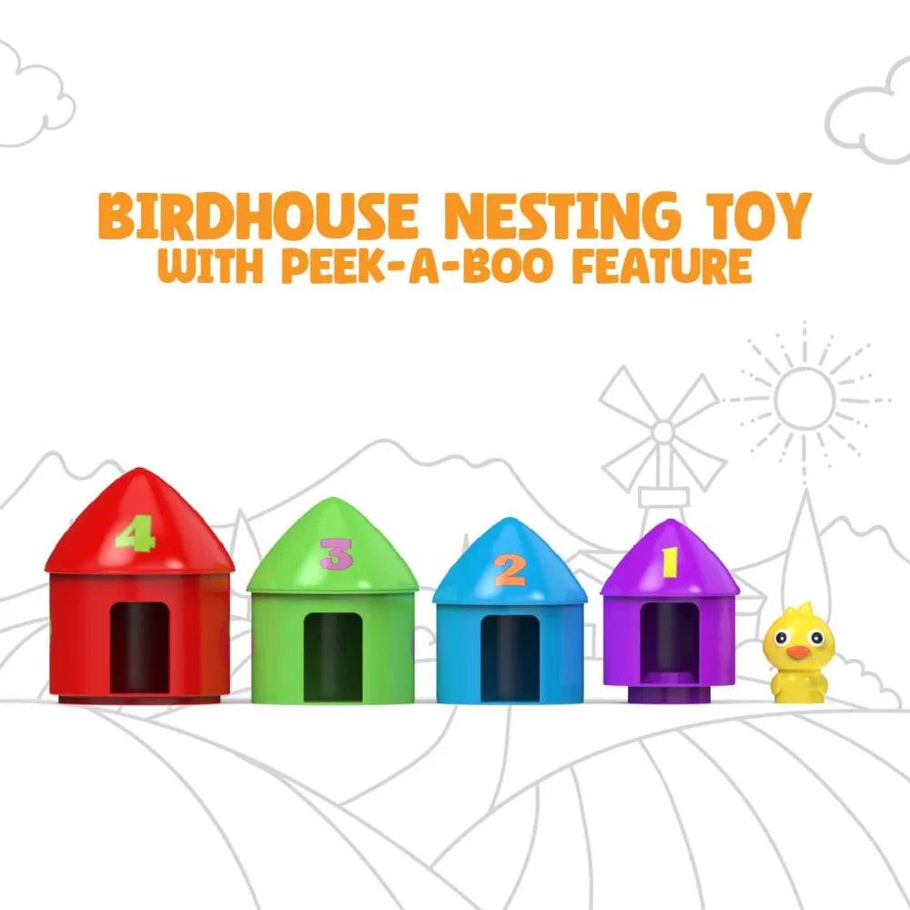 Colorful interactive bird house toy for toddlers with peek-a-boo feature and numbered nesting houses