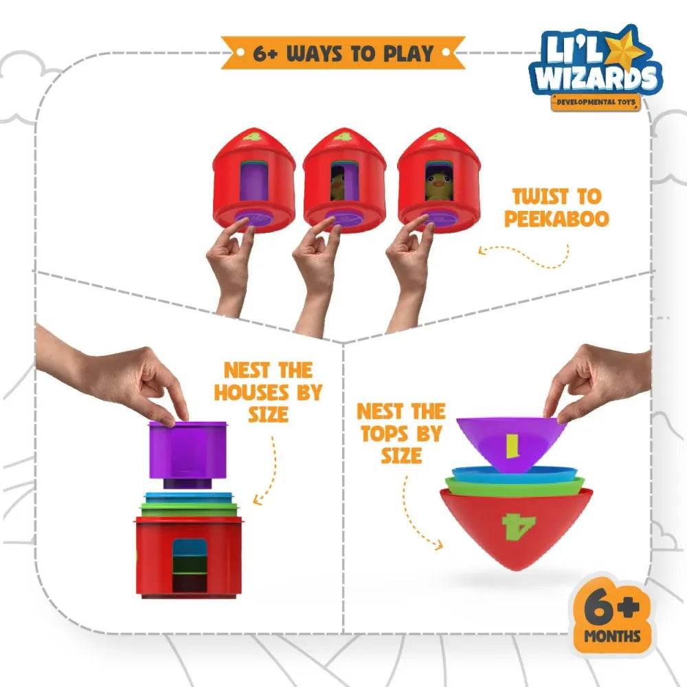 Interactive bird house toy for toddlers showing hands twisting houses and nesting pieces by size