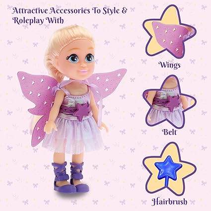 Fairy doll for girls age 3 with purple wings, star belt, and matching hairbrush accessories