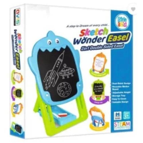 Double sided easel for kids with blue and green frame and black chalkboard surface for drawing