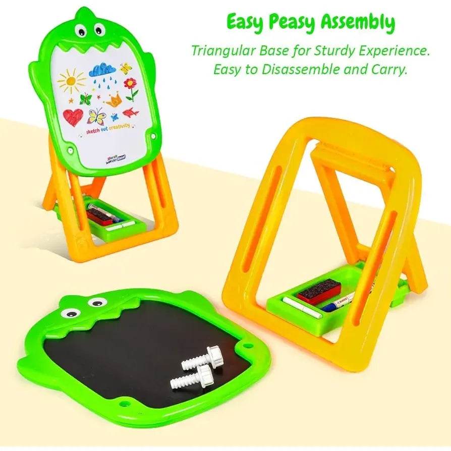 Double sided easel for kids with colorful green and yellow frame featuring a whiteboard and chalkboard surfaces