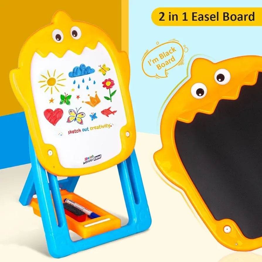 T-Rex the toyland Sitamarhi double sided easel for kids with whiteboard and blackboard in yellow and blue
