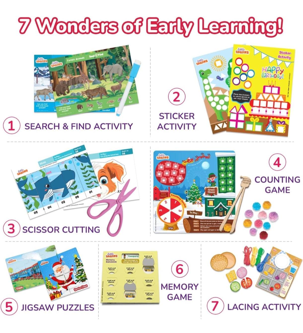 Preschool activity kit 3-6 years with search and find, sticker, scissor cutting, counting, puzzles, memory, and lacing games