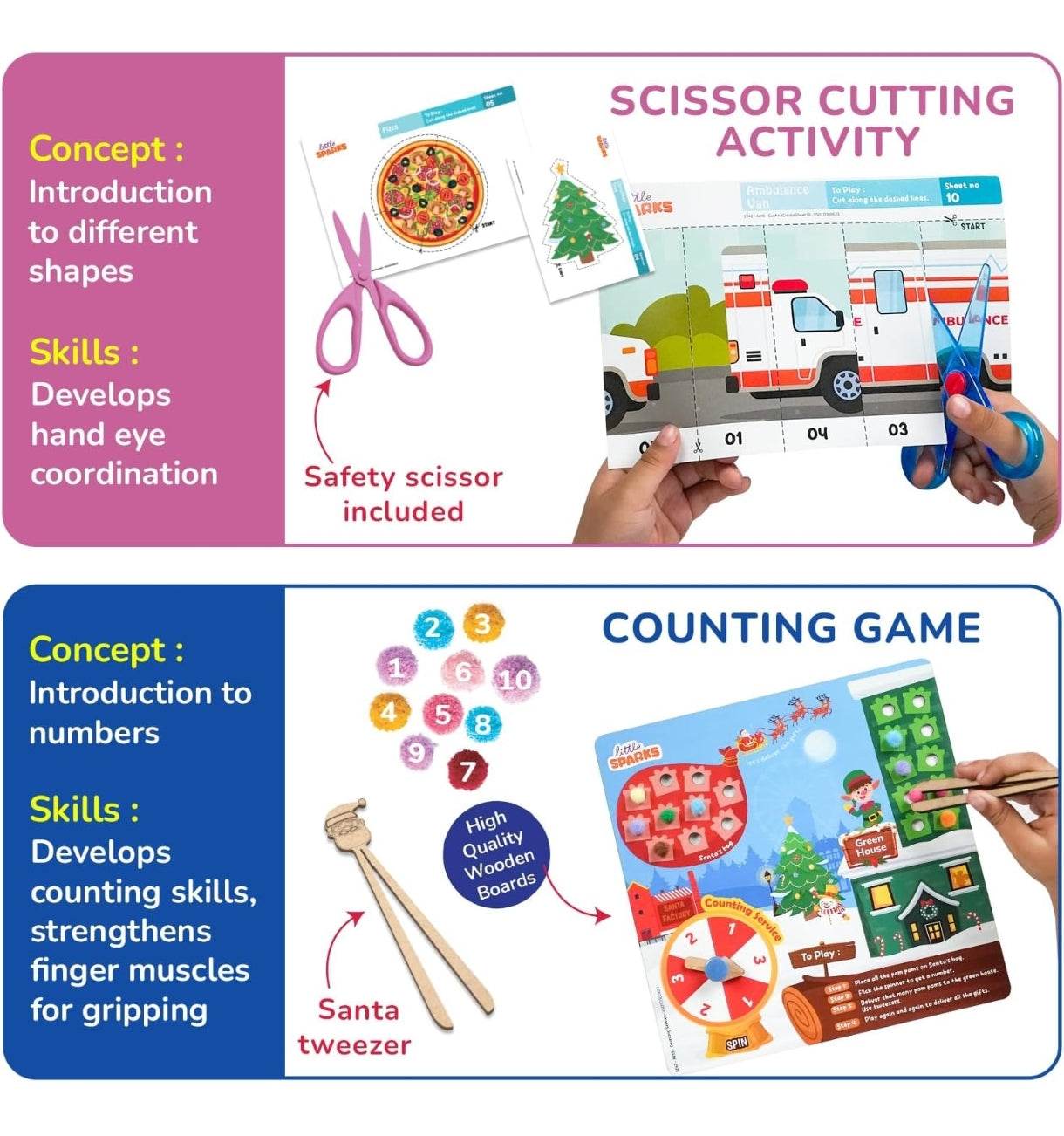 Preschool activity kit 3-6 years with scissor cutting and counting game to develop hand eye coordination and counting skills