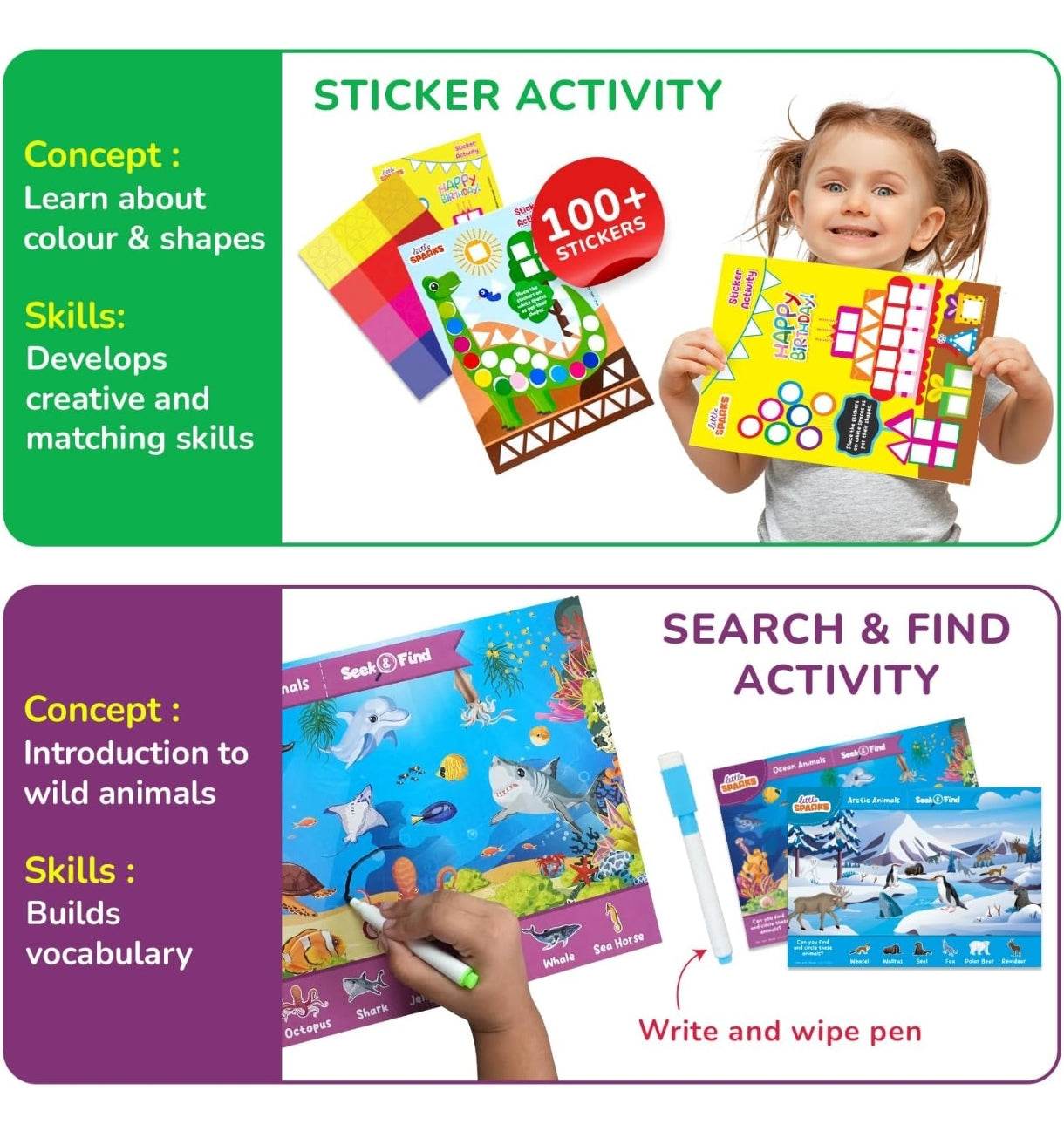 Preschool activity kit 3-6 years includes sticker activity for colors and shapes and search and find activity with write and wipe pen