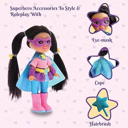 Superhero role play doll for girls with eye-mask cape and hairbrush accessories in pink and blue outfit