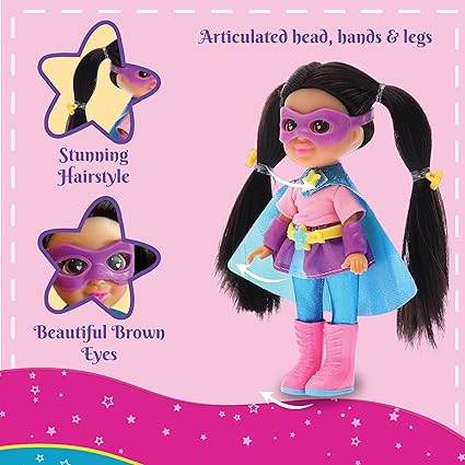 Superhero role play doll for girls with articulated head hands legs stunning hairstyle and brown eyes